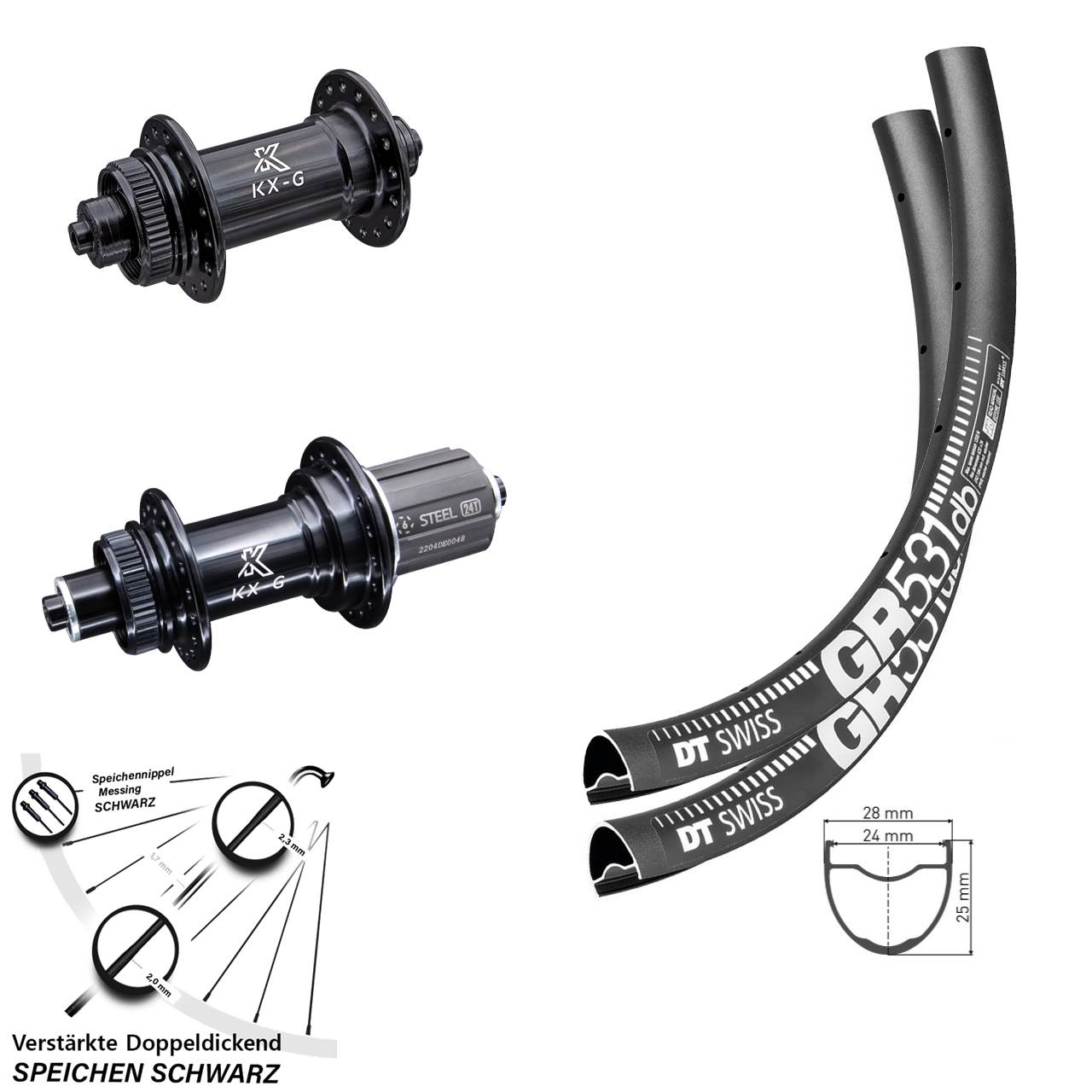Verstärkter DT Swiss GR 531 Laufradsatz Gravel 8-12 fach KX-GS Nabe 100x135 mm Centerlock