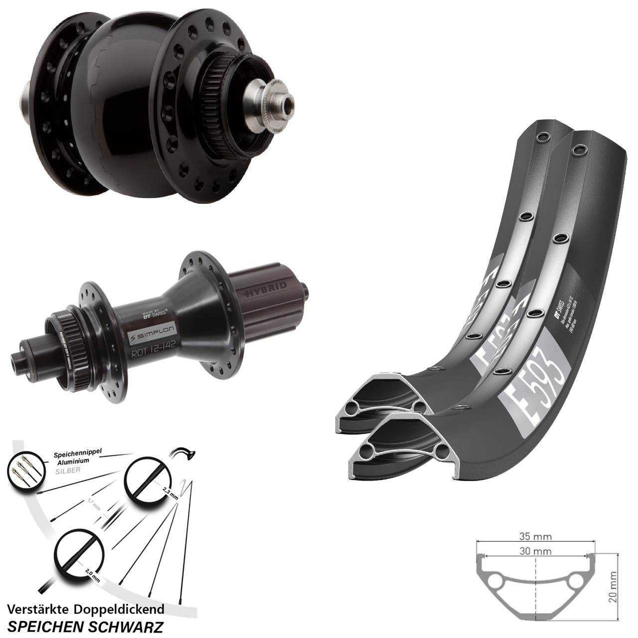 29 Zoll DT Swiss E593 370 Hybrid SON 28 Disc Laufrad-Satz für Schnellspanner 8-11 fach