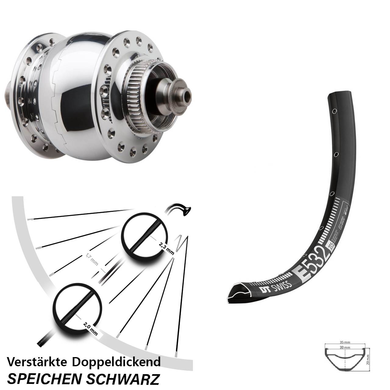 SONdelux DT Swiss E 532 27,5 Zoll Disc Laufrad mit Nabendynamo QR