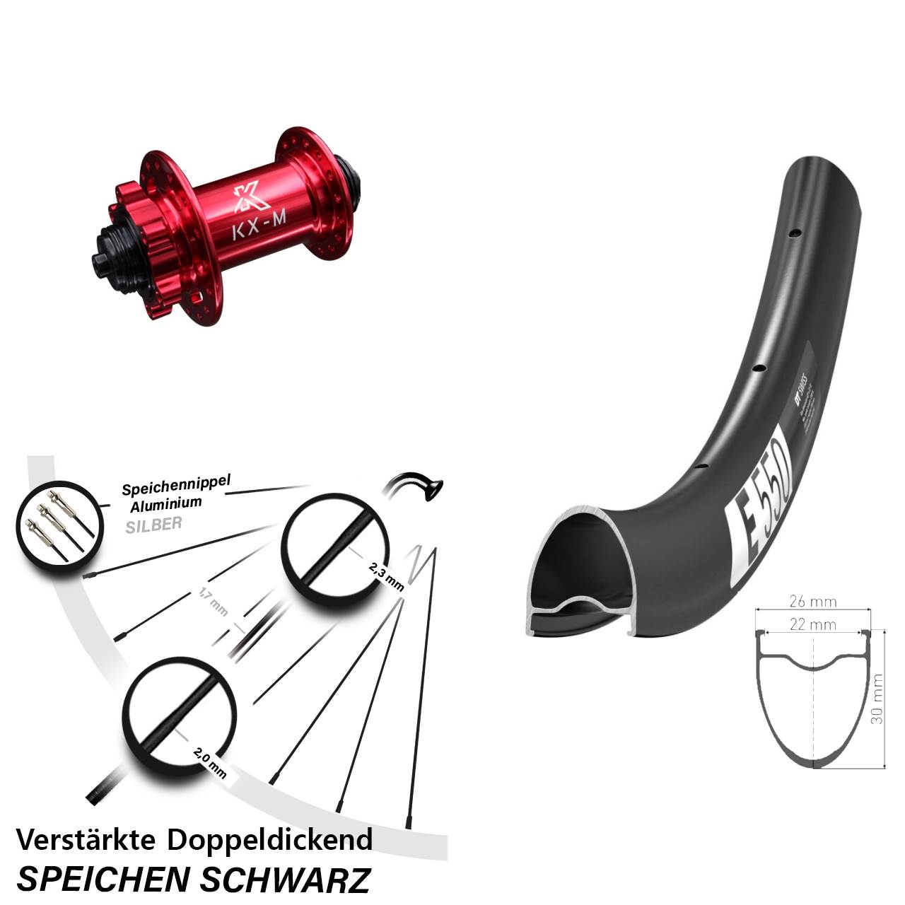 Disc Vorderrad 28 Zoll DT Swiss E550 KX-M rot für Schnellspanner
