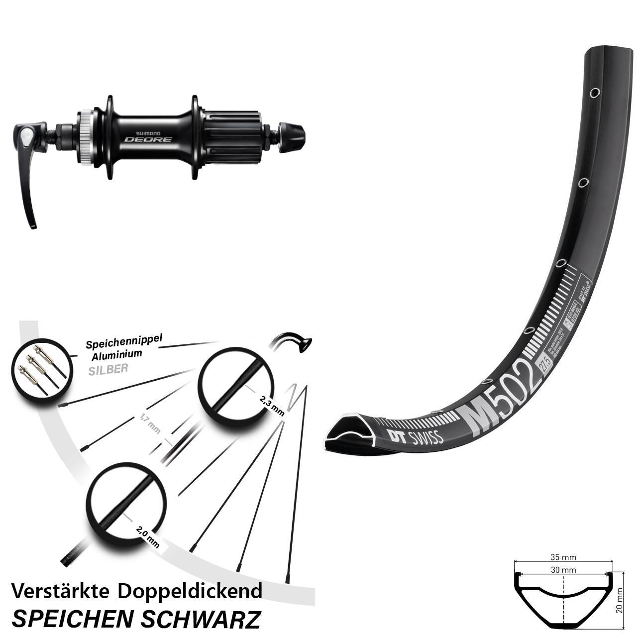 27,5 Zoll DT Swiss M 502 Shimano Deore FH-M6000 Disc Laufrad QR 8-11 fach