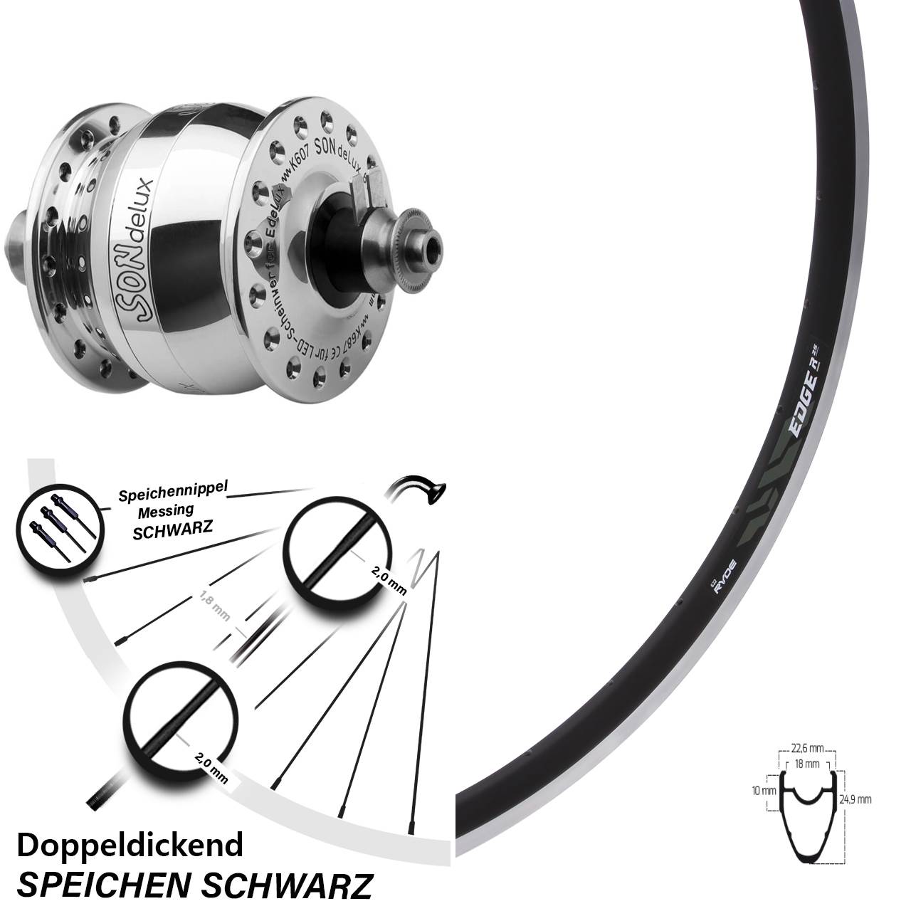 Vorderrad 28 Zoll Ryde Edge R25 Rennrad Felgenbremse Dynamo SON delux silbern poliert