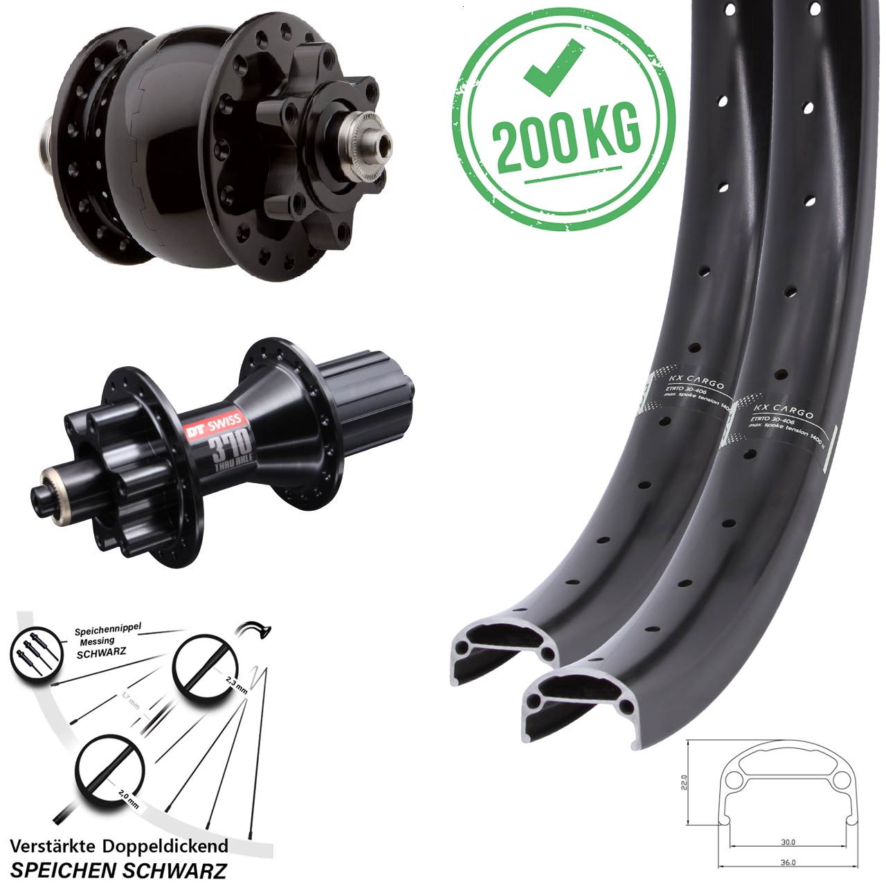 Disc Laufradsatz QR 20/26 Zoll KX Cargo DT Swiss 370 Hybrid SON 28 8-11 fach