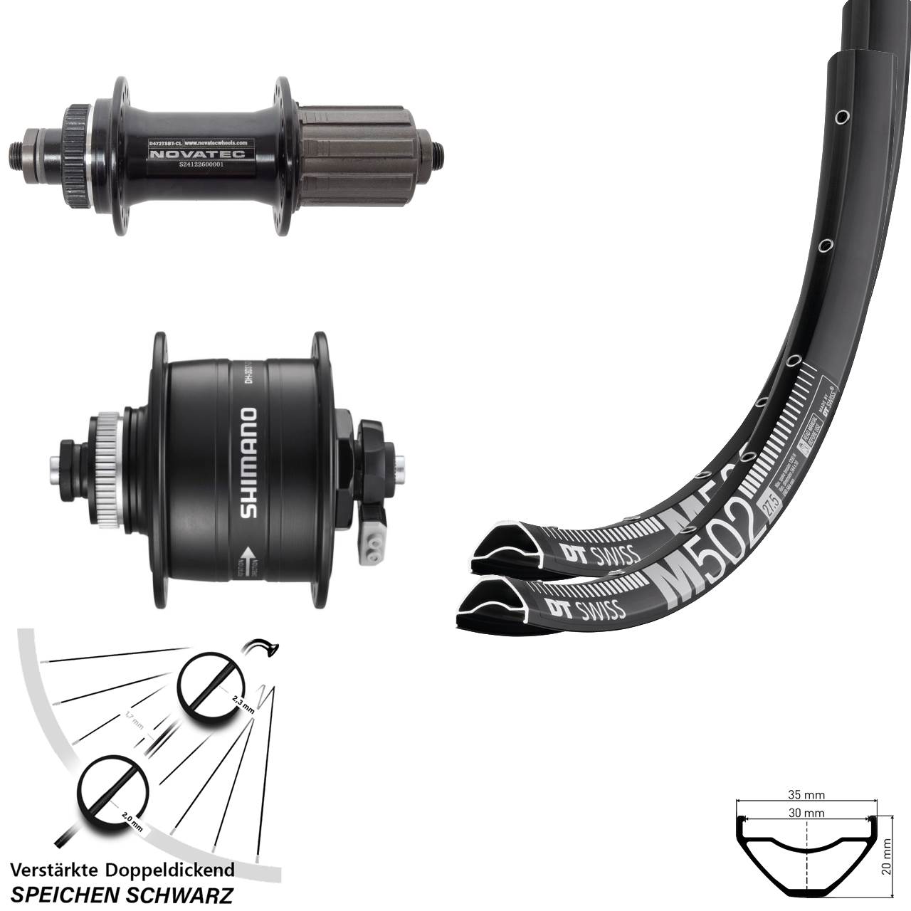 DT Swiss M502 Novatec D472 Shimano DH-3D37 29 Zoll Disc Laufradsatz QR 8-12 fach
