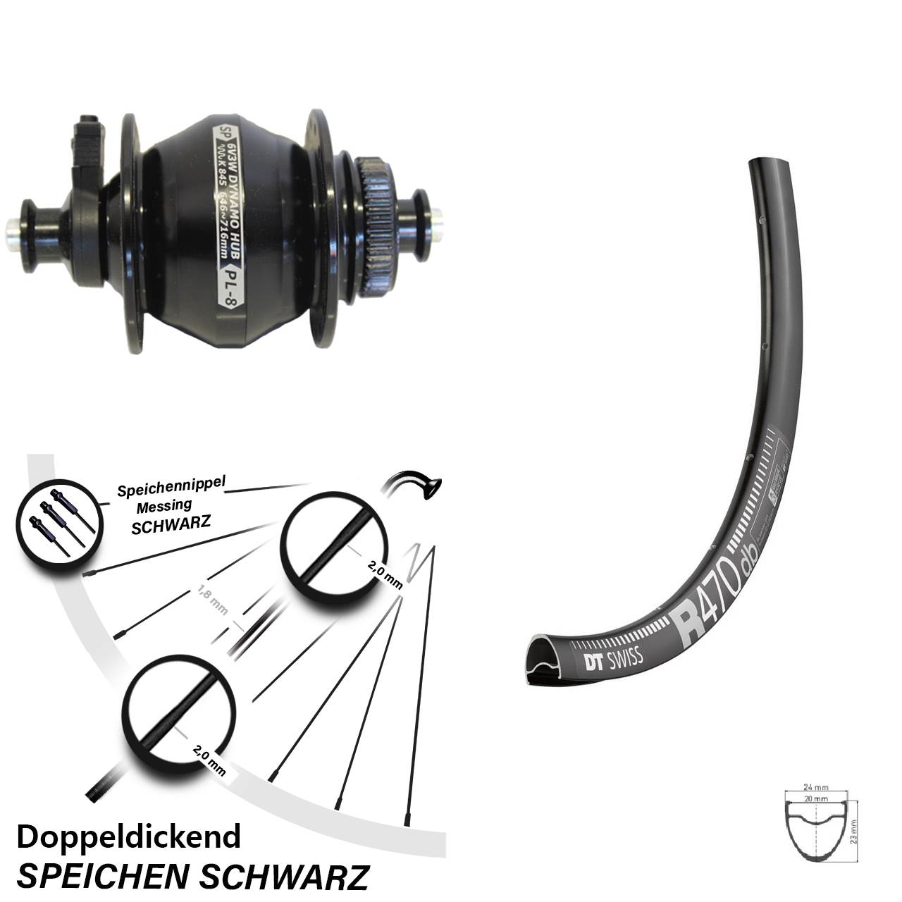 Vorderrad 28 Zoll DT Swiss R 470 Shutter PL-8 Nabendynamo schwarz