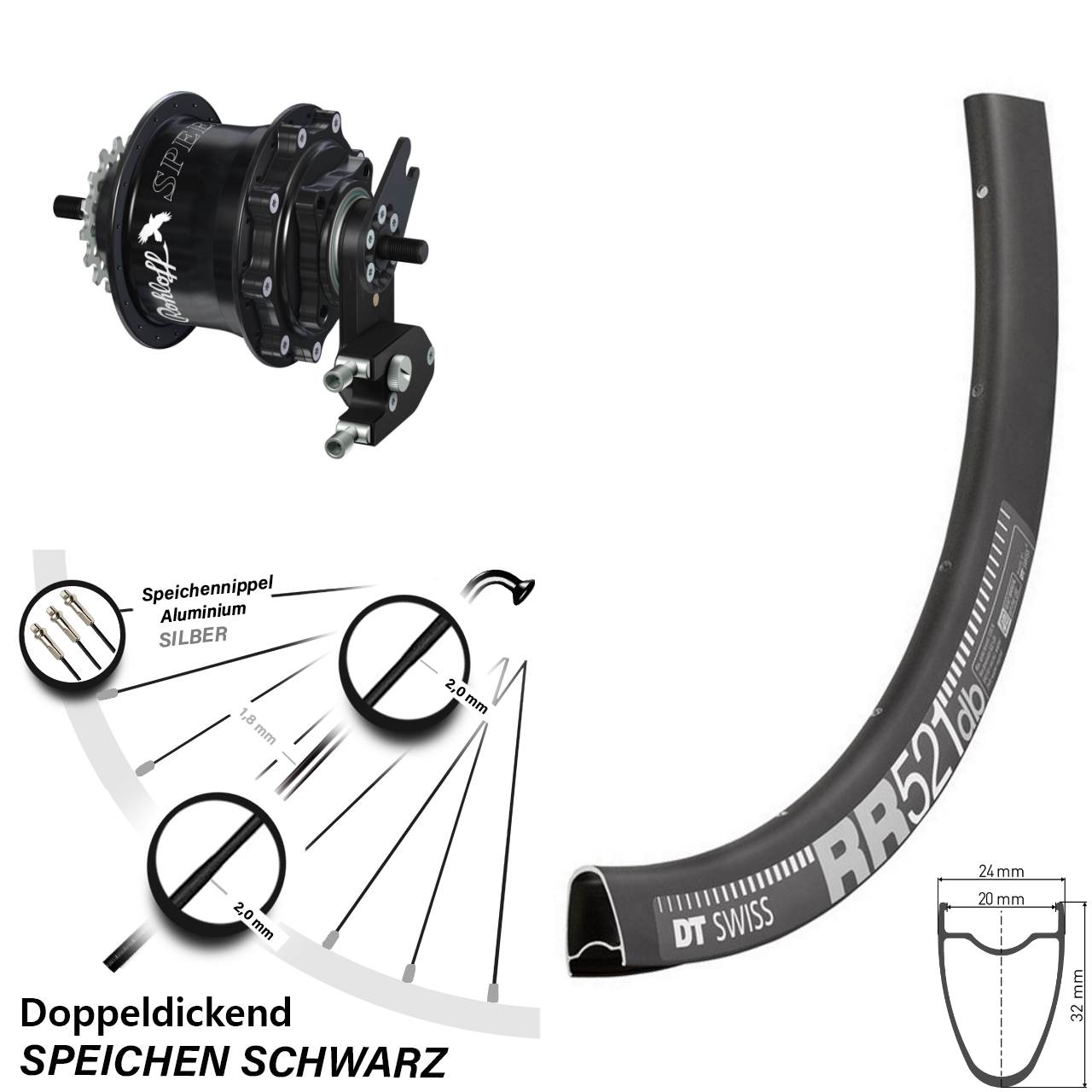 Hinterrad 28 Zoll DT Swiss RR 521 Disc Rohloff Speedhub 500/14 TS DB OEM2 Tandem schwarz