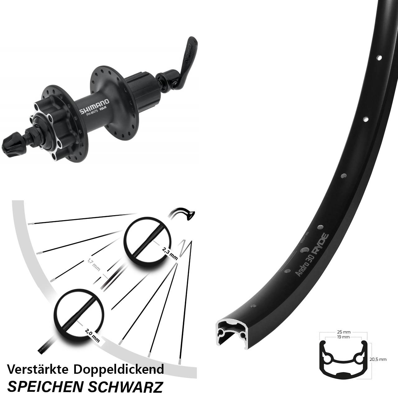 Ryde Andra 30 Shimano FH-M475 28 Zoll Disc Hinterrad für Schnellspanner 8-11 fach