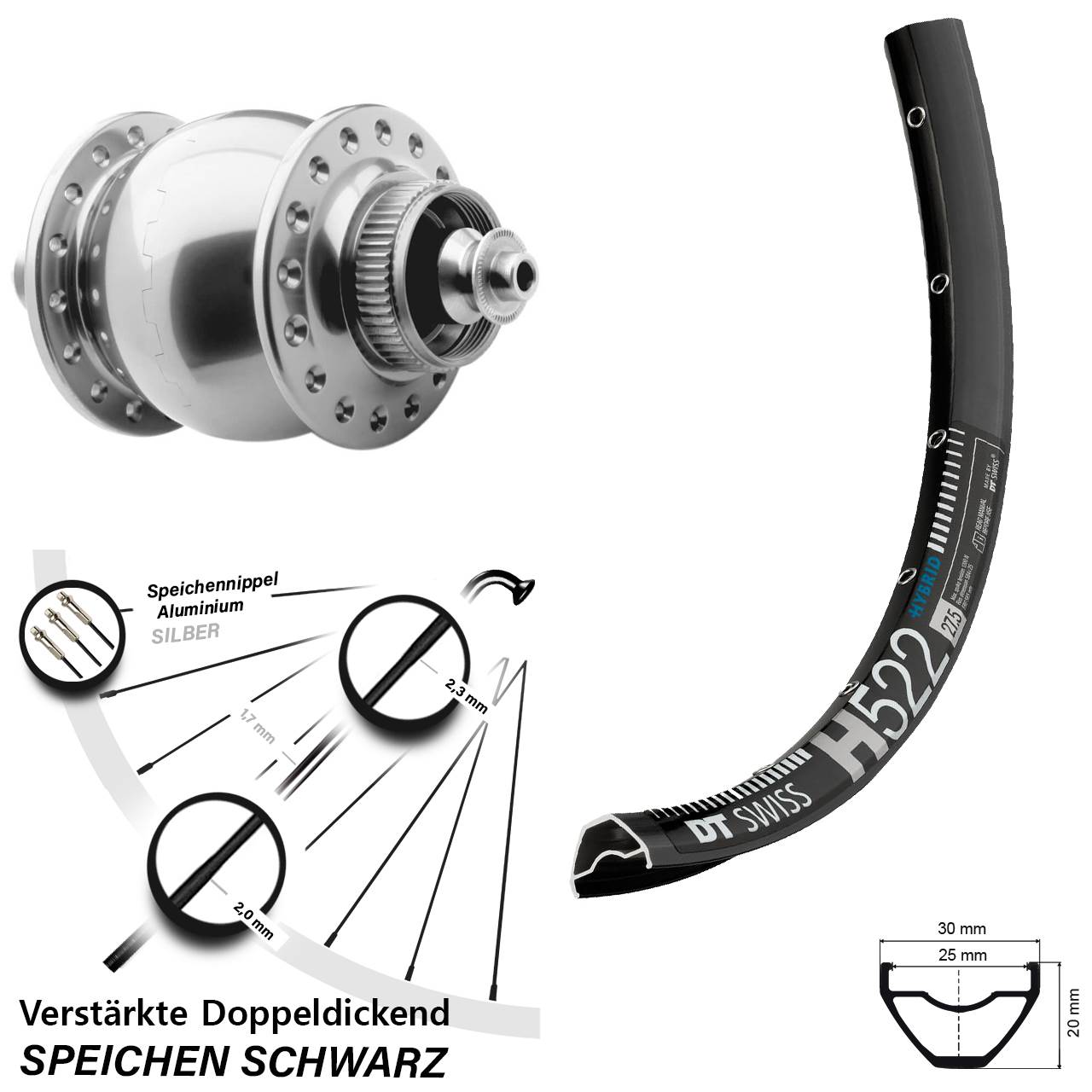29 Zoll Vorderrad SON 28 DT Swiss H 522 Nabendynamo für Schnellspanner