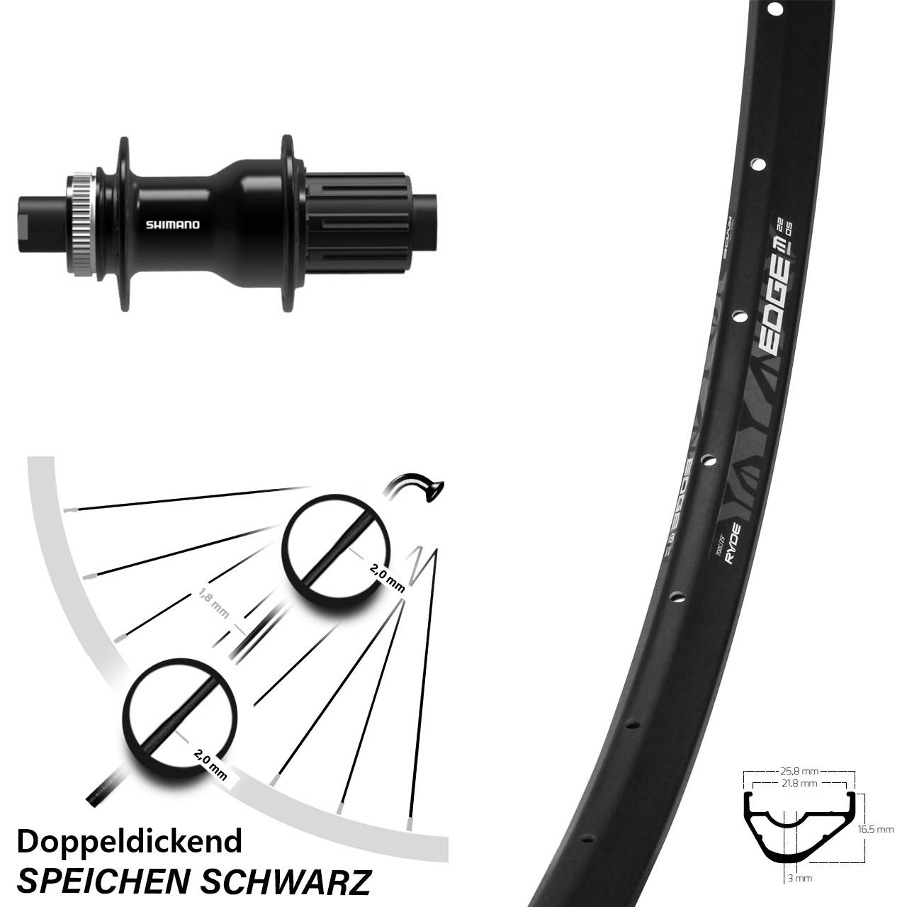 28-29 Zoll Ryde Edge M22 OS Shimano FH-TC500 Centerlock Hinterrad 12x142 11-12 fach HG