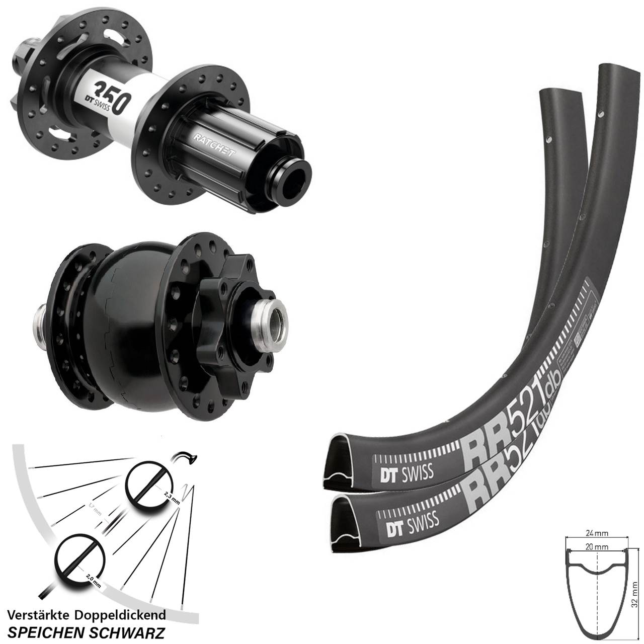 28 Zoll DT Swiss RR521 350 SON 6-Loch Laufradsatz 12x100/142 8-11 fach HG