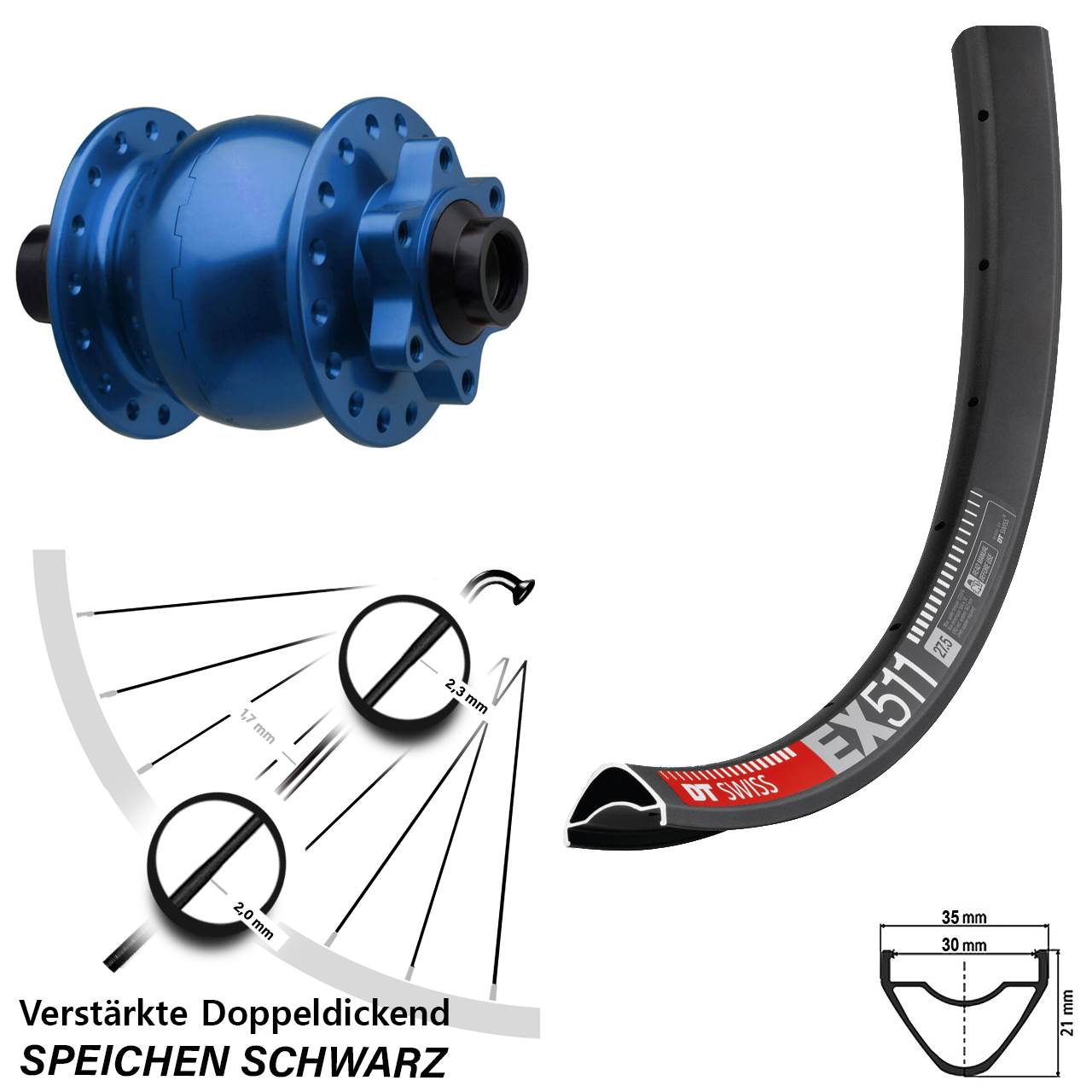 SON 28 blau DT Swiss EX511 29 Zoll Vorderrad mit Nabendynamo 6-Loch 15x110 Boost