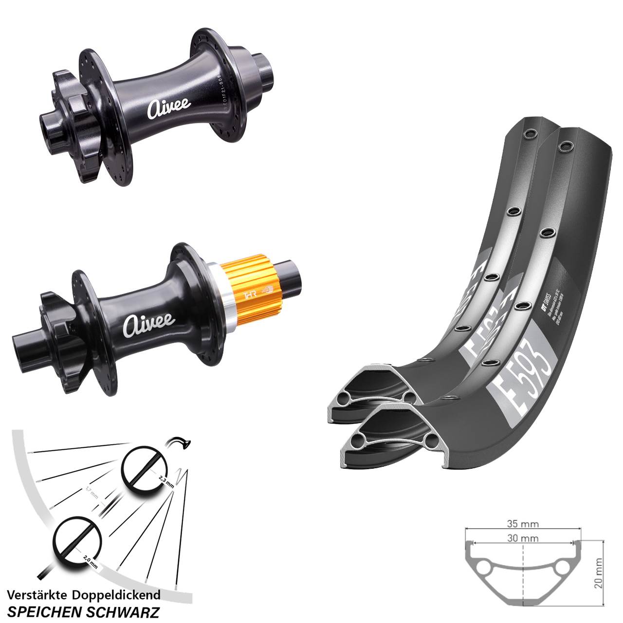 29 Zoll DT Swiss E593 Aivee Classic Boost Disc Laufradsatz 15x110 12x148 Micro Spline