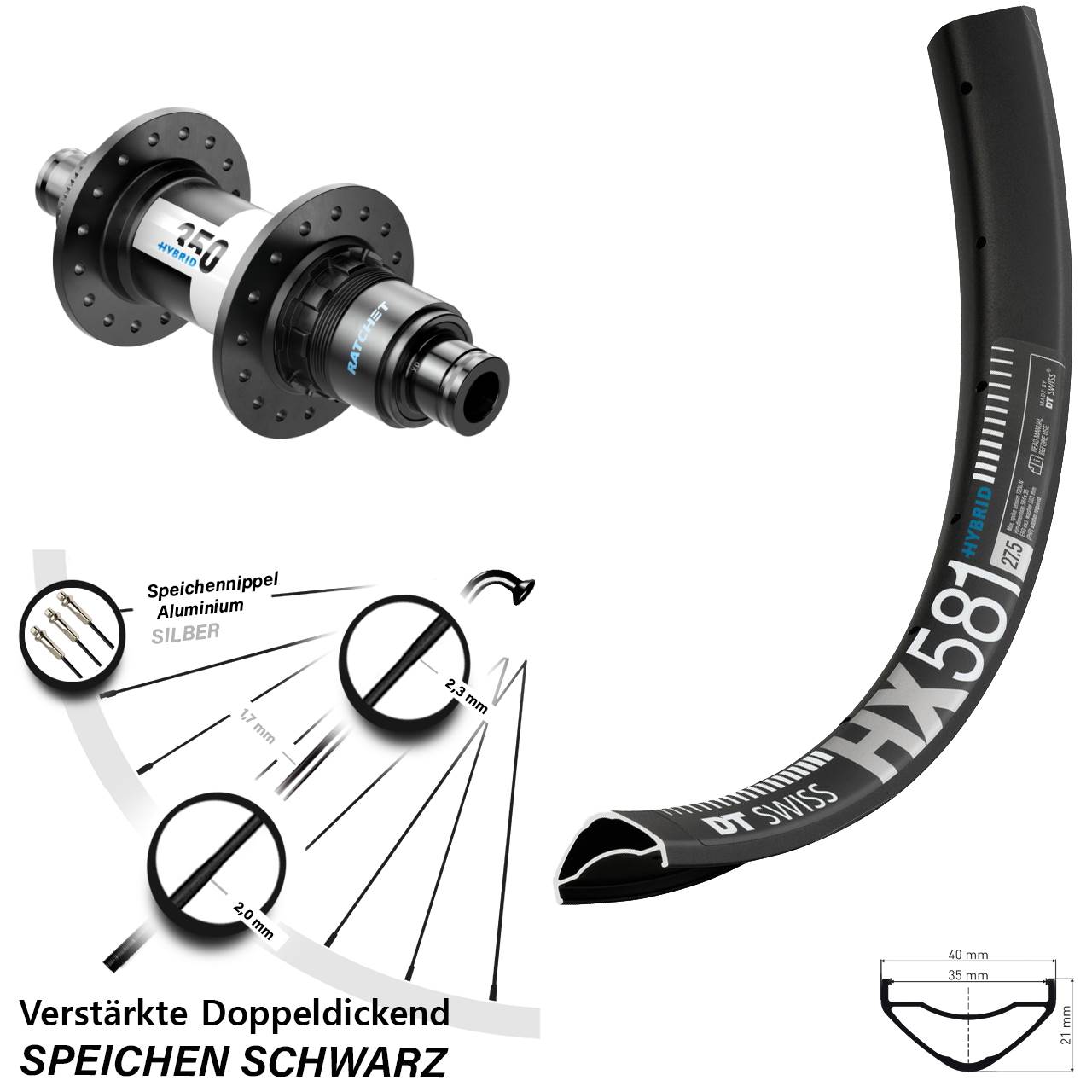 DT Swiss HX581-350 Hybrid 27,5 Zoll Disc Laufrad 12x148 XD 11-12 fach