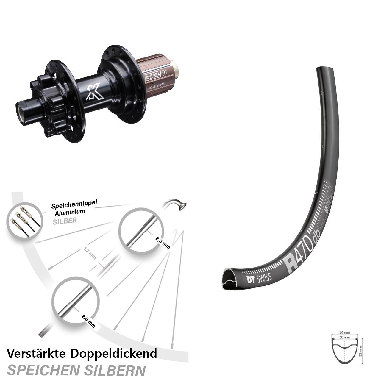 6-Loch Hinterrad 12x142 28 Zoll DT Swiss R470 KX-M Shimano Anti-Bite 8-12 fach