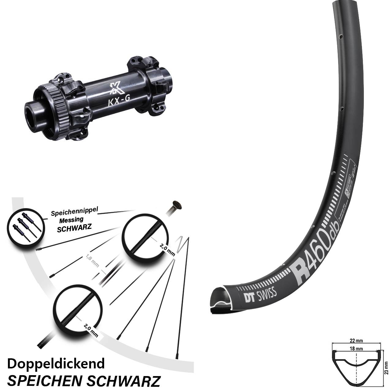 schwarzes 28 Zoll Vorderrad DT Swiss R 460 Disc KX-G 12x100 mm Straightpull