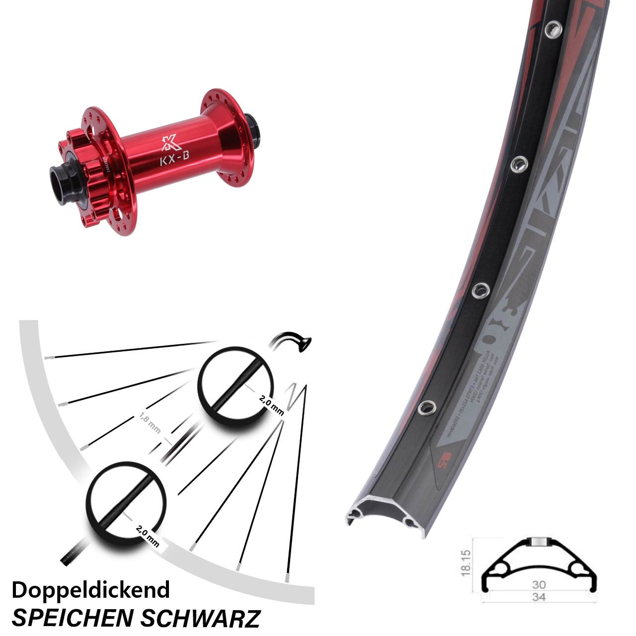 Rodi TRYP 30 KX-B rot 29 Zoll Vorderrad 6-Loch 15x110 Boost