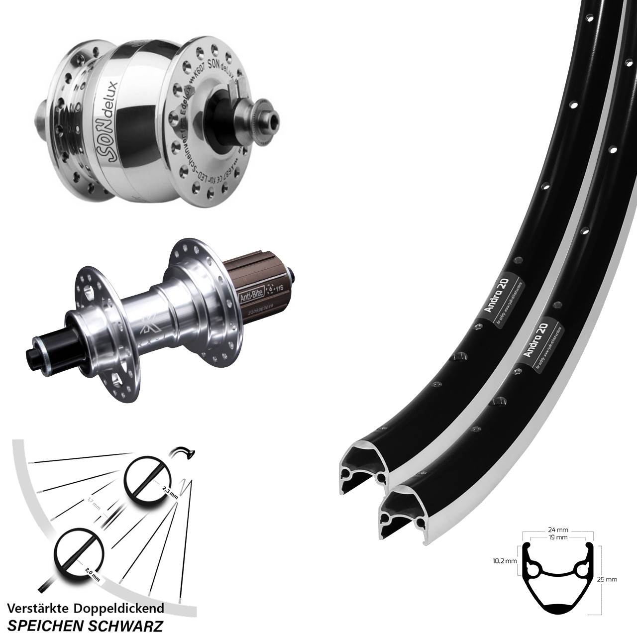 Laufrad-Satz 28 Zoll Ryde Andra 20 KX-T SON delux 8-12 fach HG für Schnellspanner