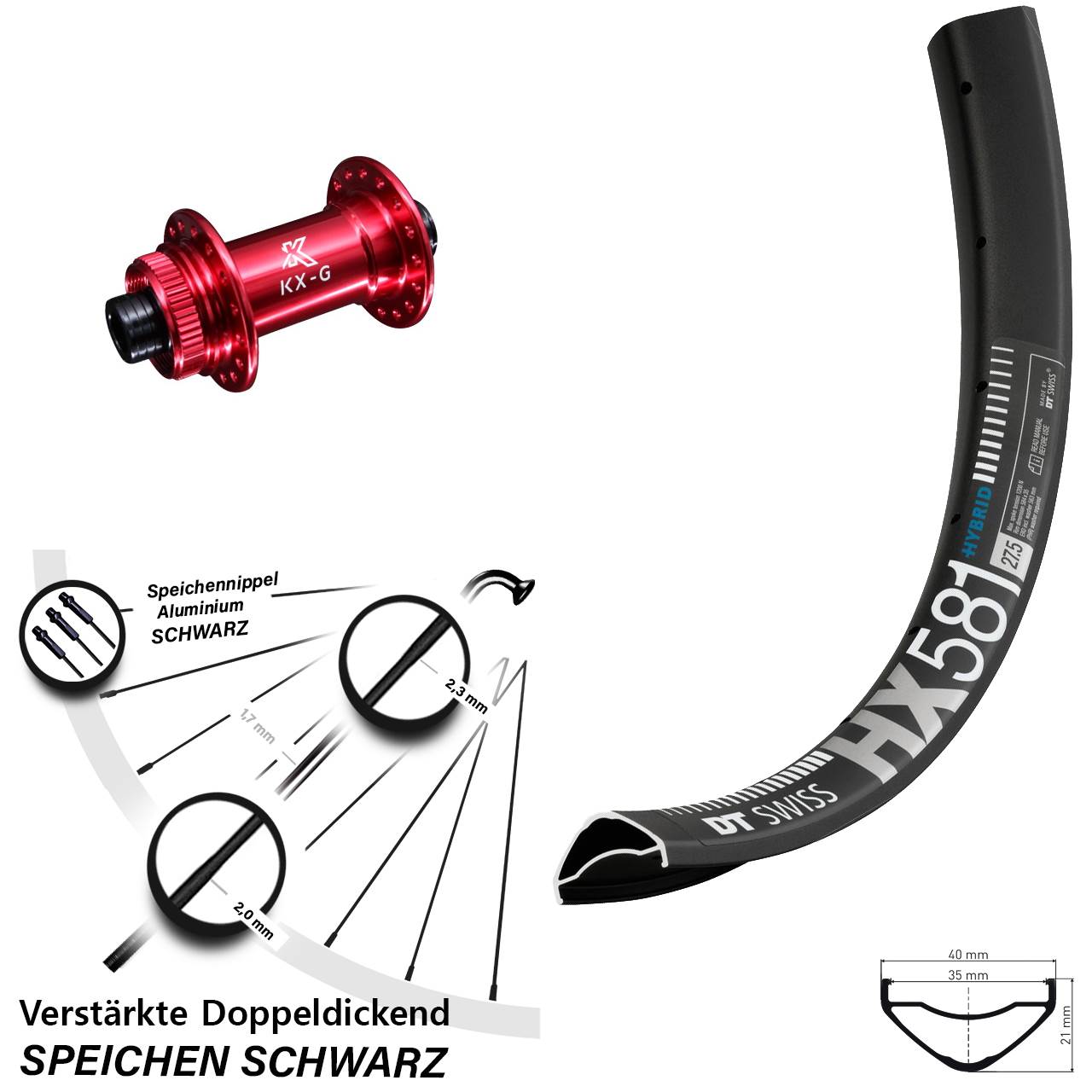 27,5 Zoll DT Swiss HX581 KX-G rot Centerlock Vorderrad 12x100