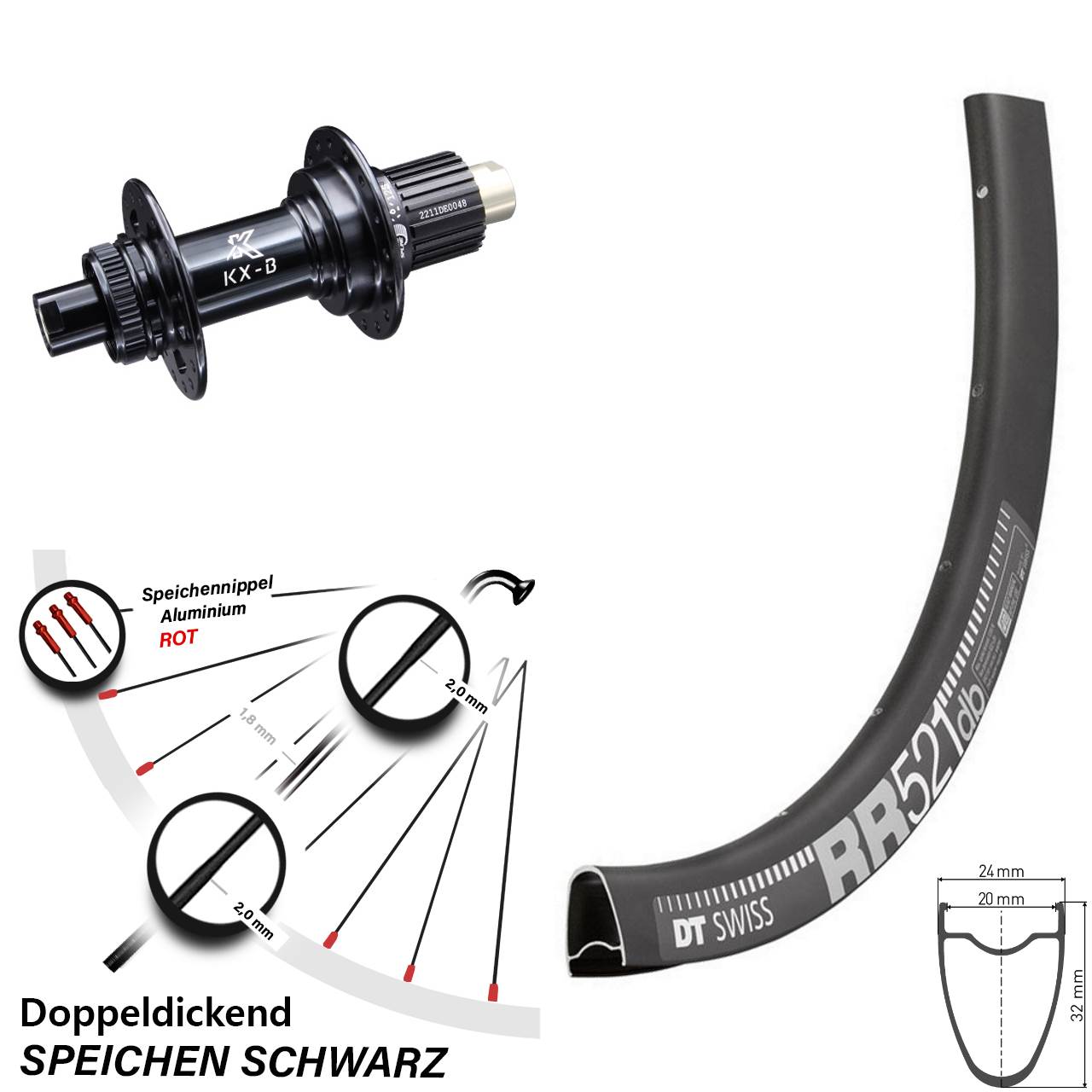 Laufrad 28 Zoll DT Swiss RR521 Disc KX-B Centerlock 12/148 Boost Micro Spline schwarz