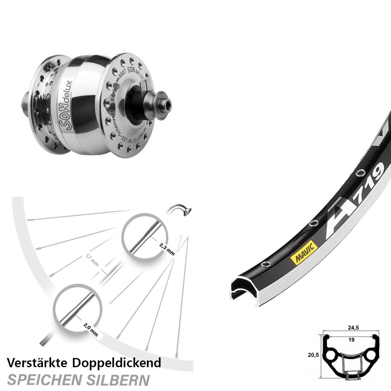 Nabendynamo-Vorderrad 28 Zoll Mavic A 719 SONdelux poliert QR