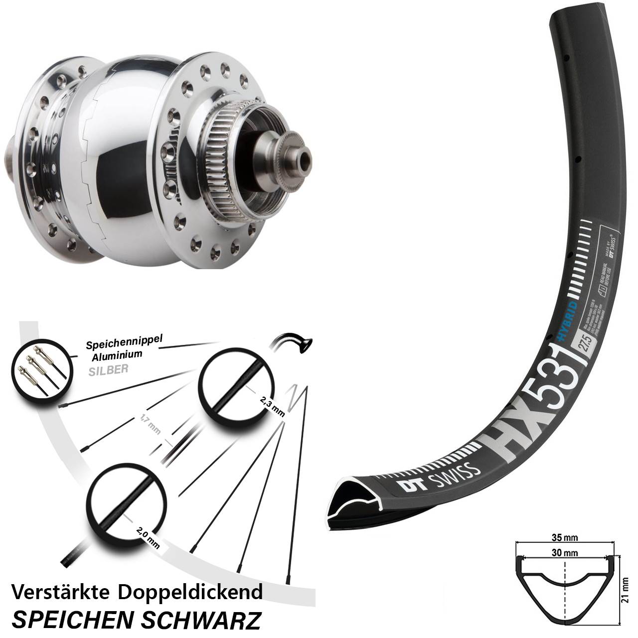 Disc Laufrad mit Nabendynamo QR 29 Zoll DT Swiss HX 531 SON 28 poliert