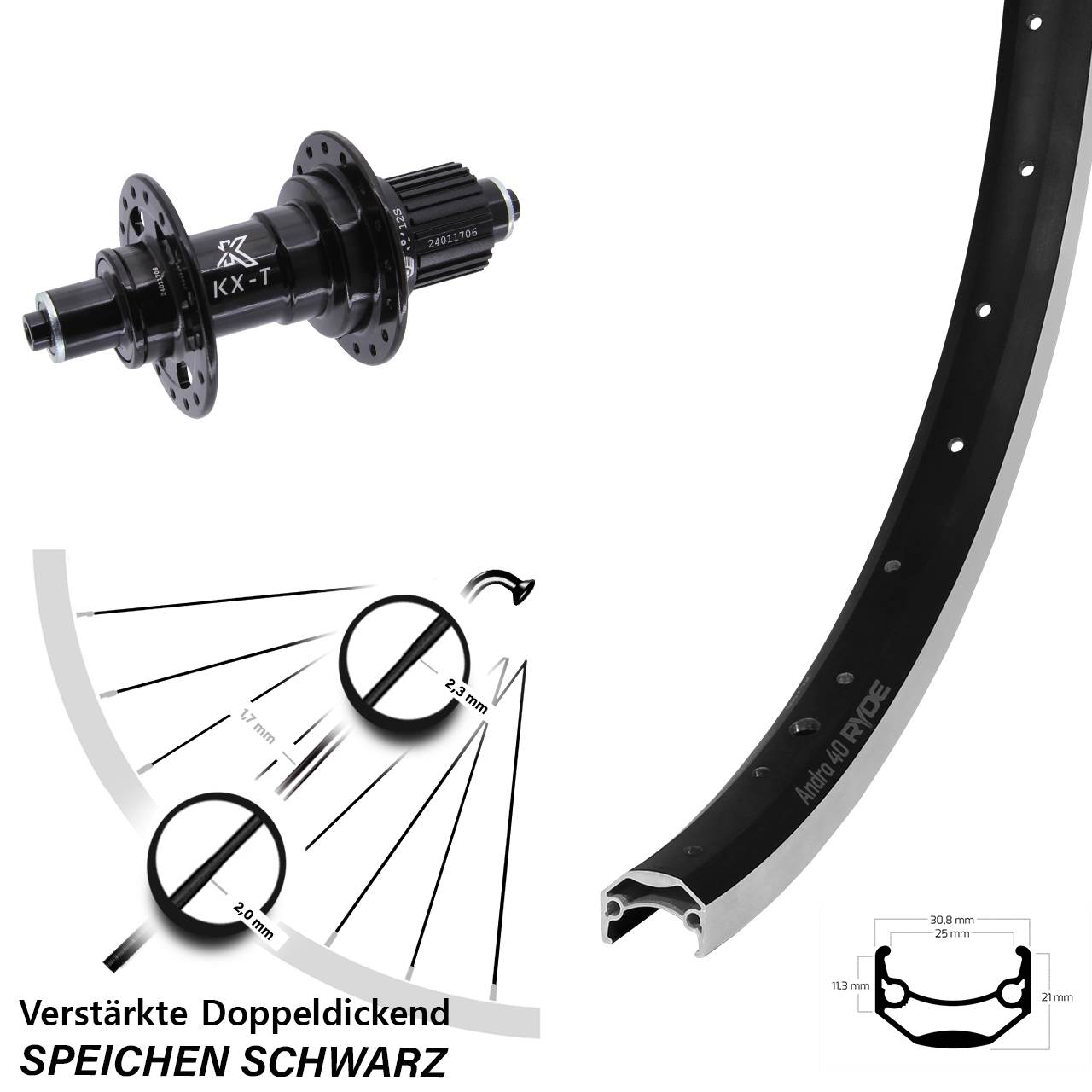 Ryde Andra 40 KX-T 27,5 Zoll Hinterrad für Schnellspanner Micro Spline