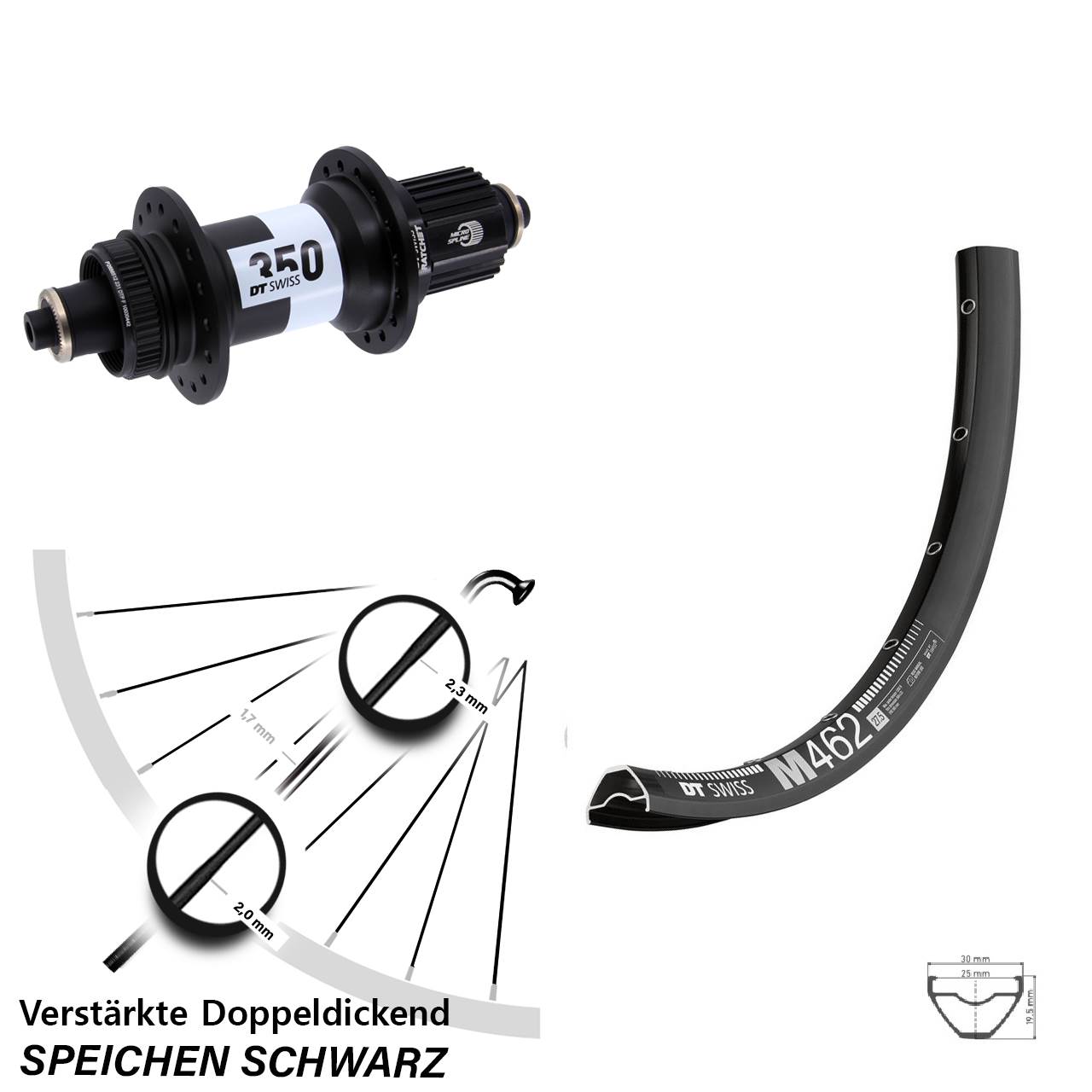 DT Swiss M462-350 Ratchet 36 650B Hinterrad für Schnellspanner Shimano Micro Spline