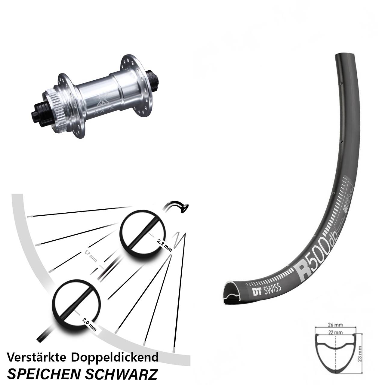 Disc DT Swiss R 500 Vorderrad 28 Zoll verstärkt KX-E silbern-eloxiert 5x100 mm Centerlock