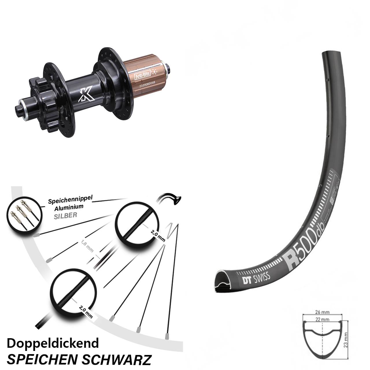 29 Zoll Hinterrad KX-M 6-loch 8-12 fach DT Swiss R500 für Schnellspanner