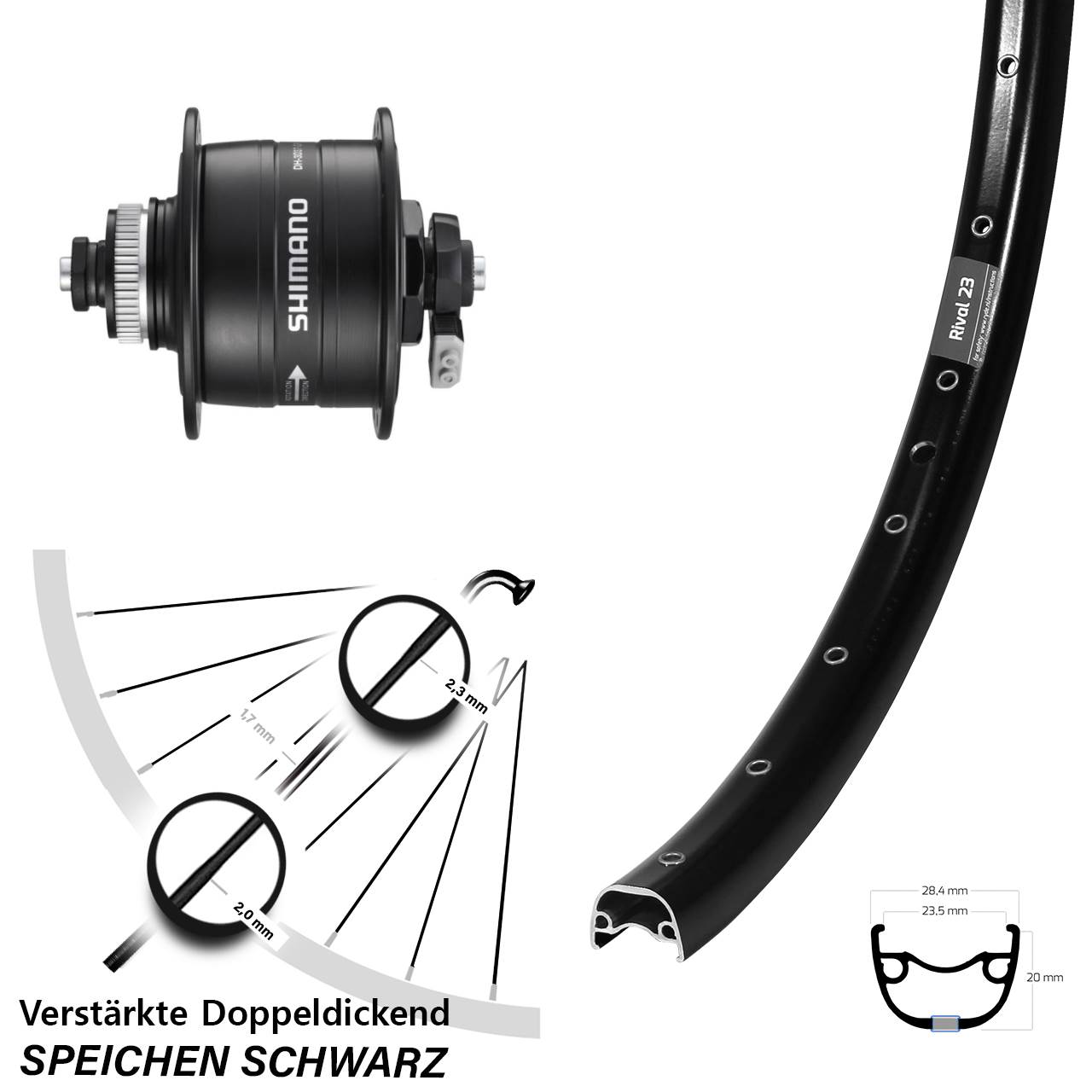 650B Ryde Rival 23 Shimano DH-3D37 Centerlock Vorderrad mit Nabendynamo für Schnellspanner