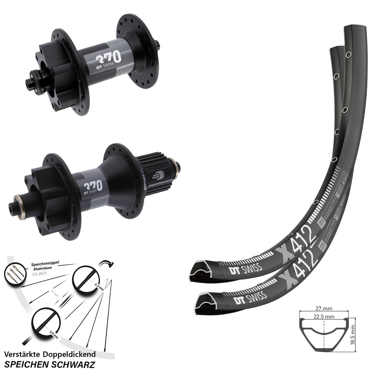 29 Zoll Laufrad-Satz QR DT Swiss X 412 370 Hybrid 6-Loch Shimano Micro Spline