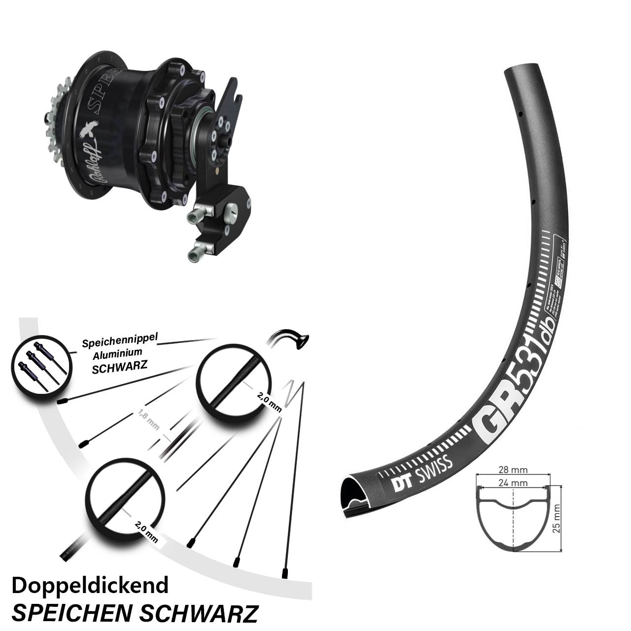 Disc Laufrad 28 Zoll DT Swiss GR 531 Rohloff CC DB OEM2 Tandem schwarz