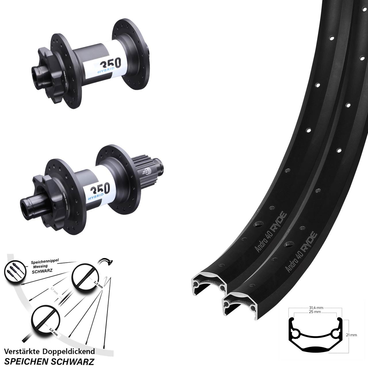 27,5 Zoll Ryde Andra 40 Disc DT Swiss 350 Hybrid Laufrad-Satz 15x110 12x148 Micro Spline