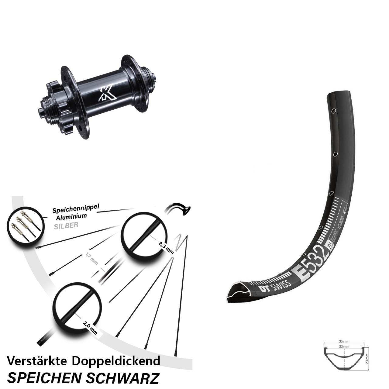 29 Zoll DT Swiss E532 KX-M 6-Loch Vorderrad für Schnellspanner