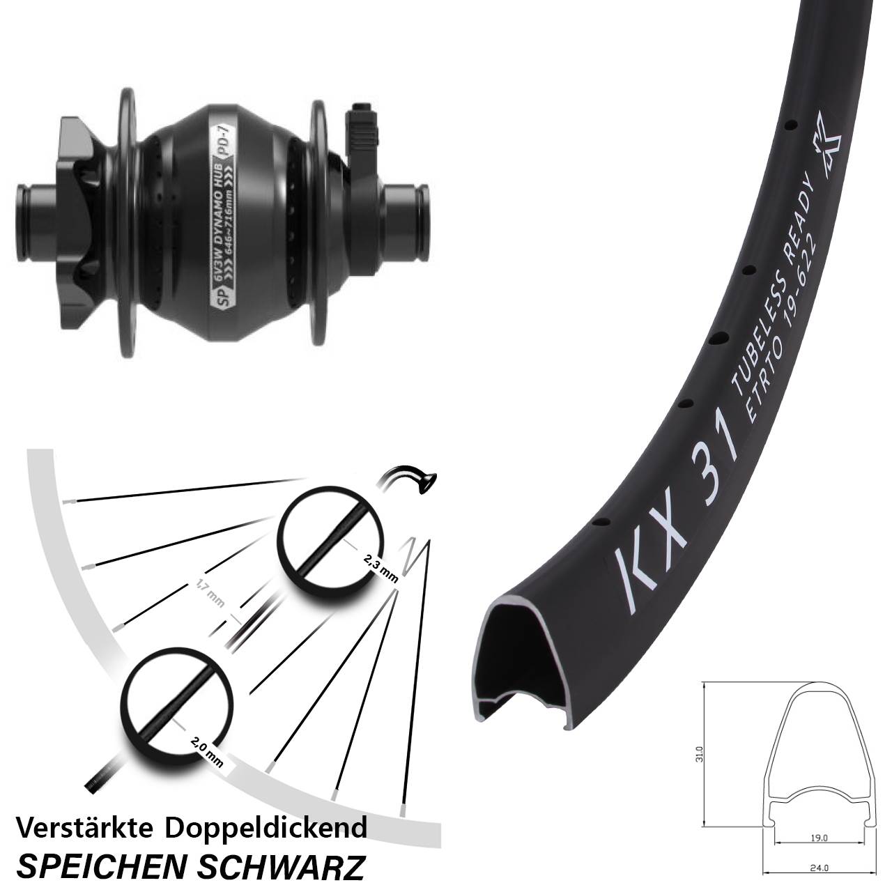Nabendynamovorderrad 6-Loch 12x100 28 Zoll KX31 Shutter Precision PD-7