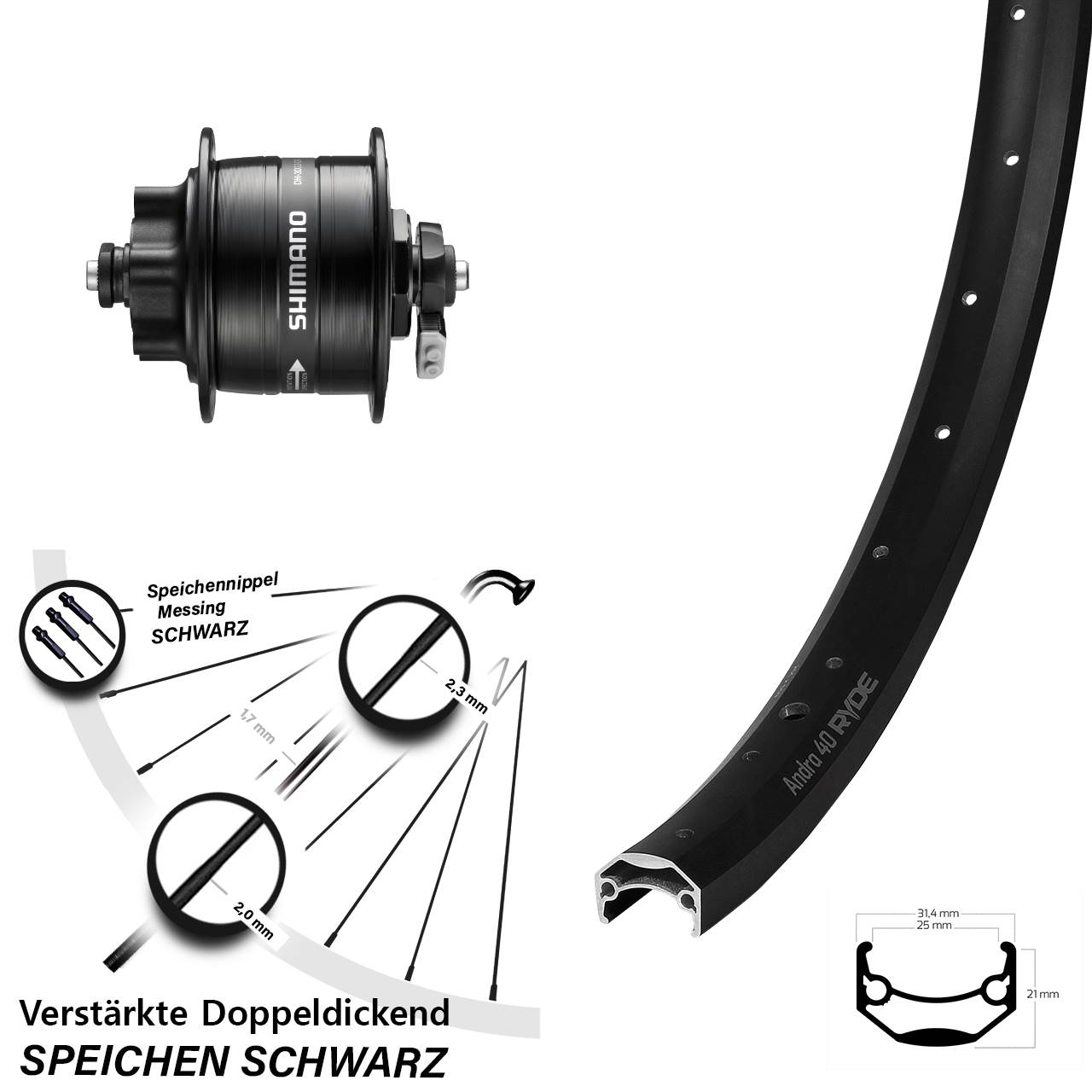 Vorderrad 26 Zoll Ryde Andra 40 Shimano DH-3D32 Nabendynamo 6-Loch