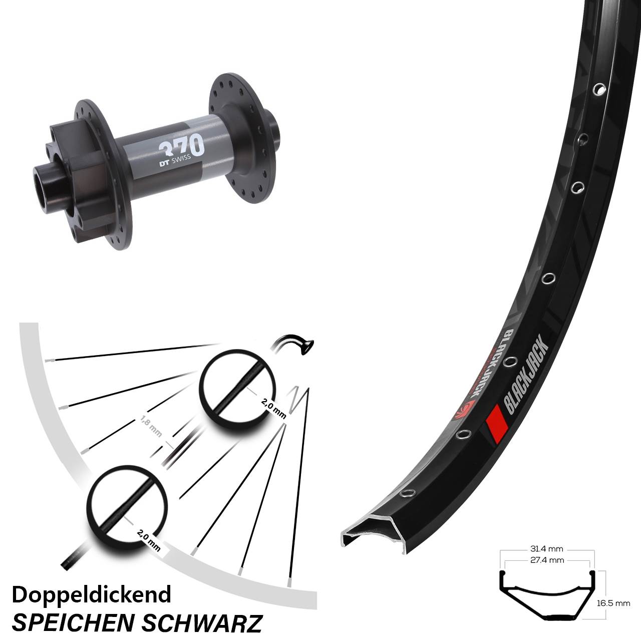 27,5 Zoll Rodi Ready 27 DT Swiss 370 Vorderrad 6-Loch 15x110 Boost