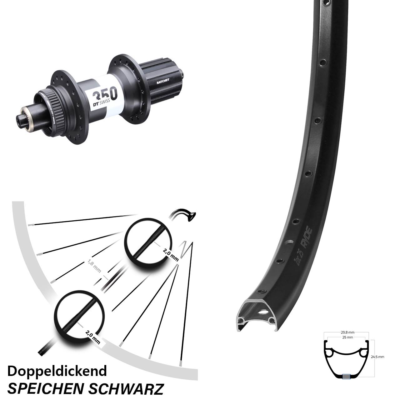 Hinterrad 29 Zoll Ryde ZAC 25 DT Swiss 350 Boost 5x141 Centerlock 8-11 fach HG
