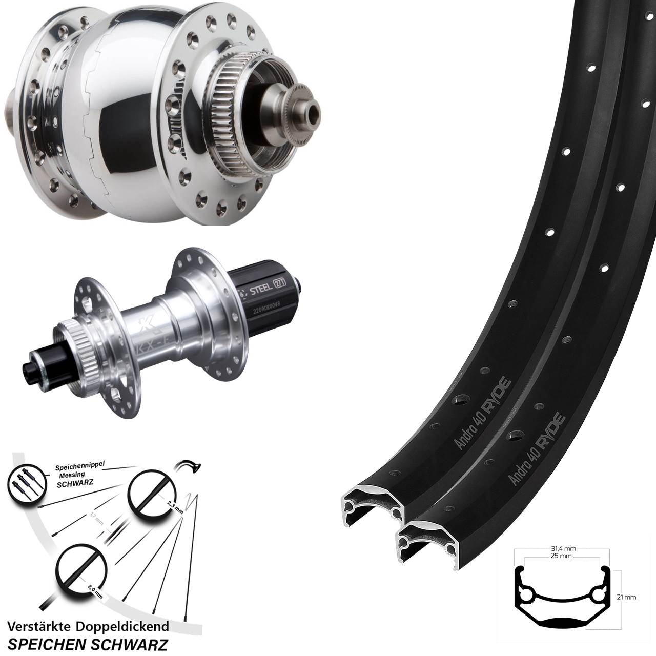 27,5 Zoll Ryde Andra 40 KX-E verstärkt SON 28 Laufradsatz Centerlock QR 8-12 fach HG