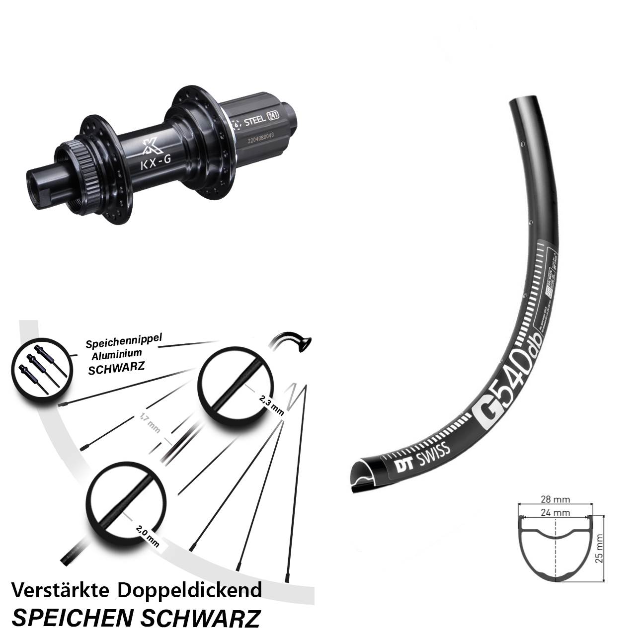 28-29 Zoll Hinterrad Gravel KX-GS Centerlock 8-12 fach Freilauf Stahl DT Swiss G 540