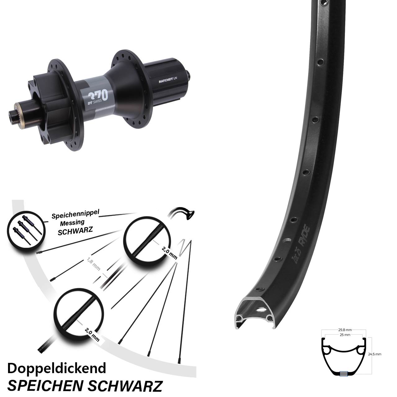 Ryde ZAC 25 DT Swiss 370 28 Zoll Disc Hinterrad für Schnellspanner 8-11 fach HG