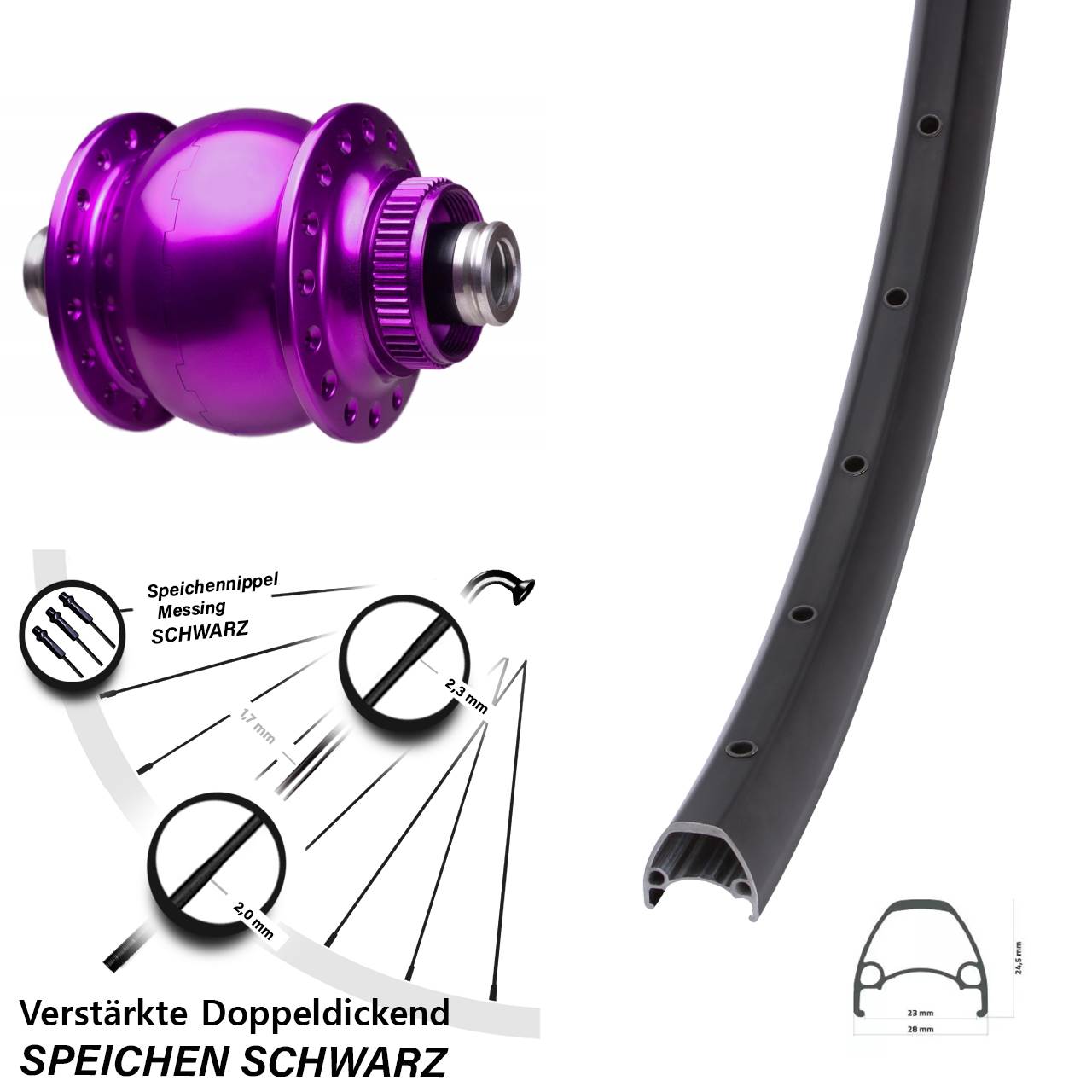 Disc Nabendynamo-Laufrad 28-29 Zoll Ambrosio Sport SON 28 violett 12x100
