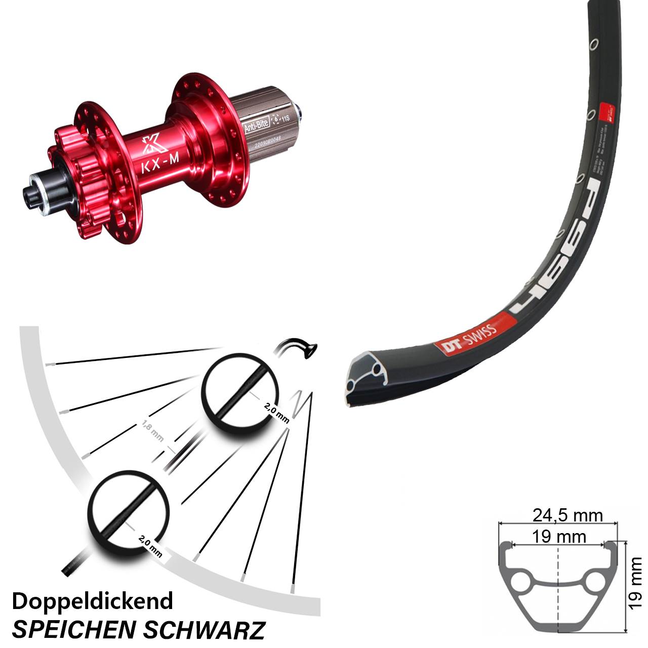 28-29 Zoll Hinterrad KX-M rot eloxiert 5x135 mm 11-fach DT Swiss 466 Schnellspanner