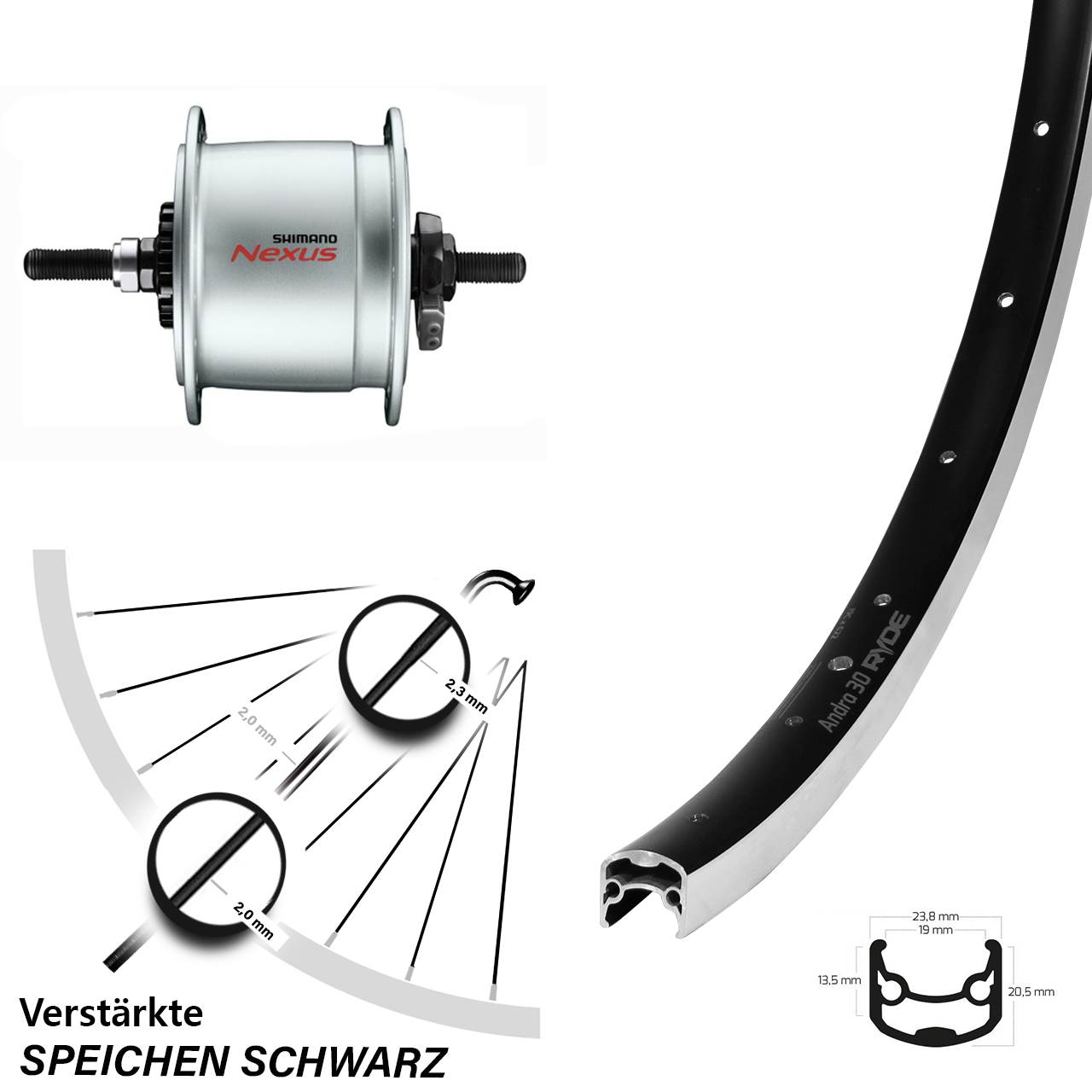 26 Zoll Ryde Andra 30 Shimano DH-C6000 Vorderrad mit Nabendynamo Vollachse