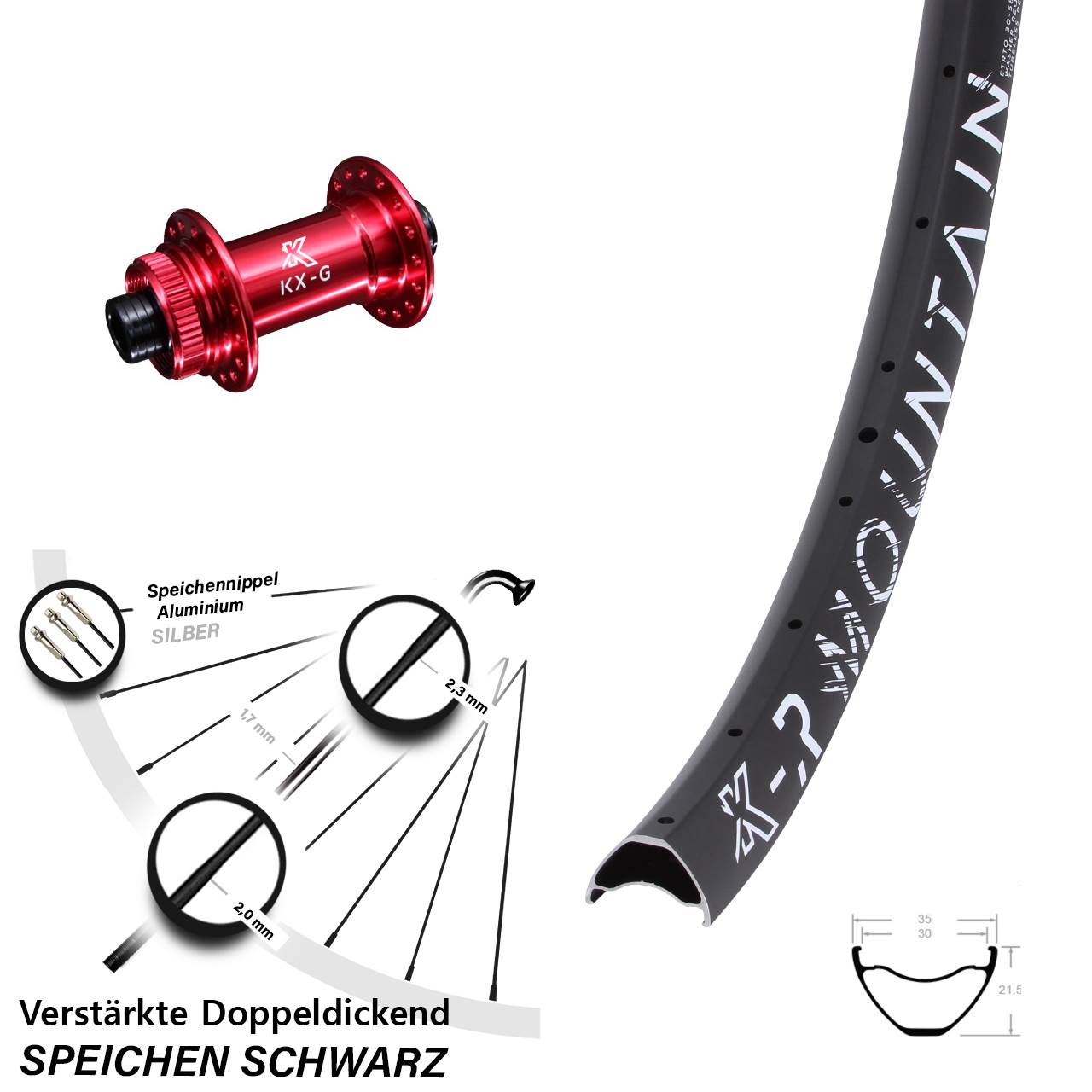 Vorderrad Centerlock 15x100 27,5 Zoll KX-R Mountain Sapim E-Light rot