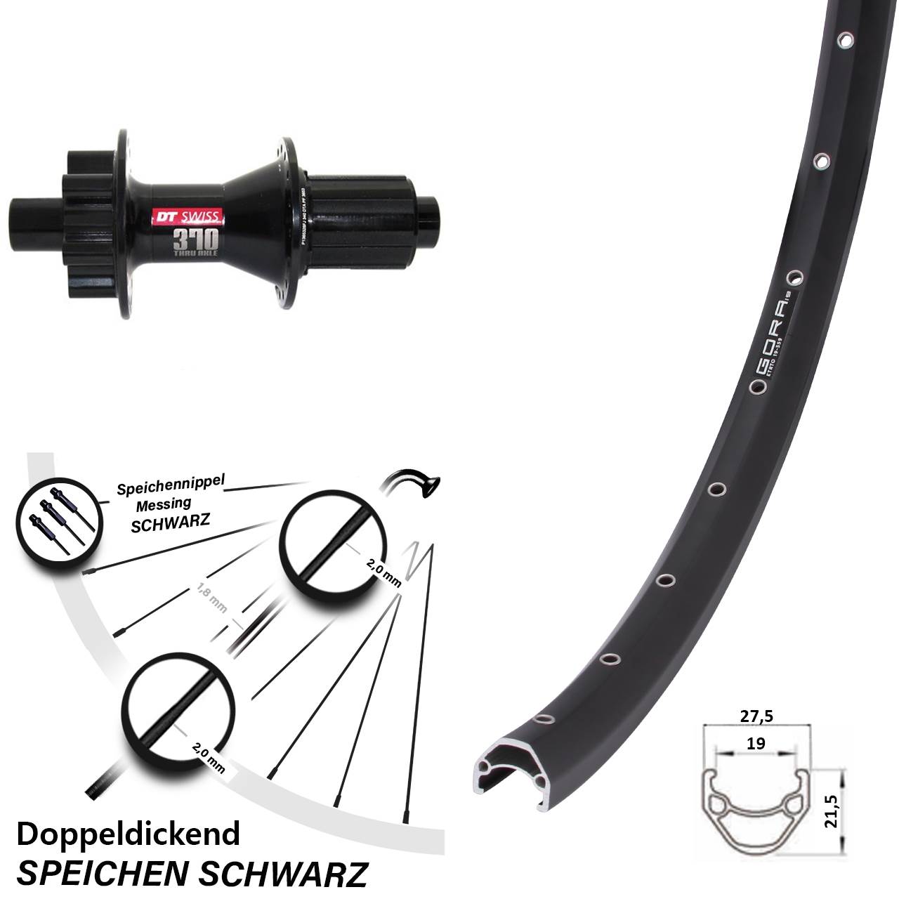 6-Loch Hinterrad 12x142 26 Zoll Gora 19 DT Swiss 370 Hybrid 8-11 fach