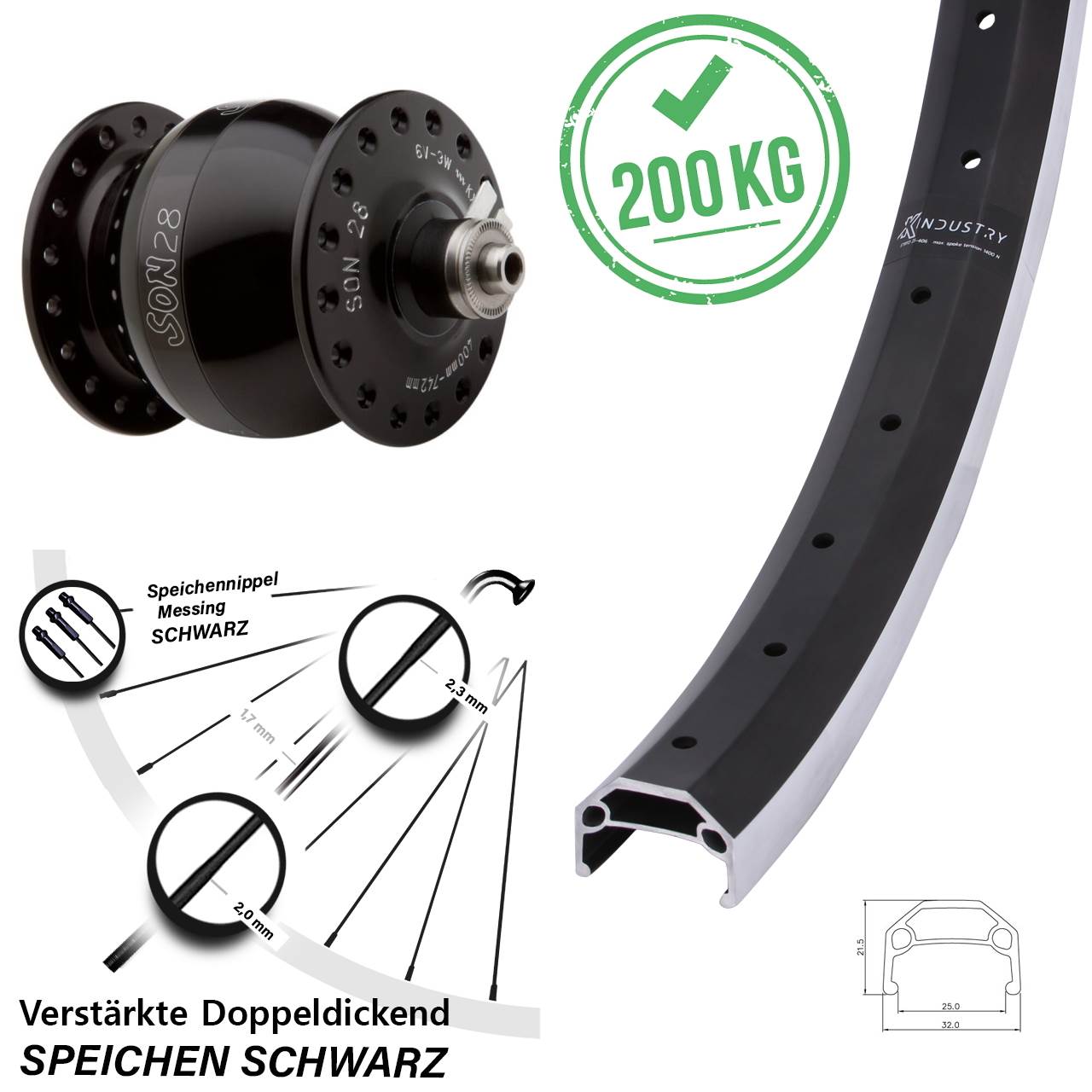 Nabendynamo-Vorderrad 20 Zoll KX Industry SON 28 für Schnellspanner