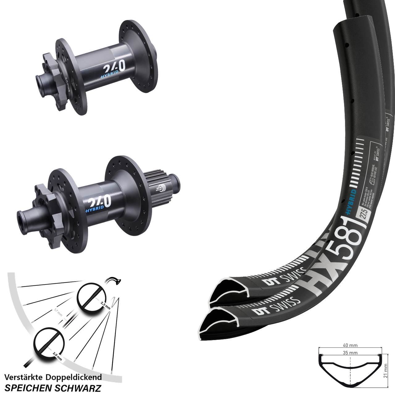 Laufradsatz E-Bike Boost 27,5 Zoll HX 581 DT Swiss 240 Hybrid OS Micro Spline 12-fach