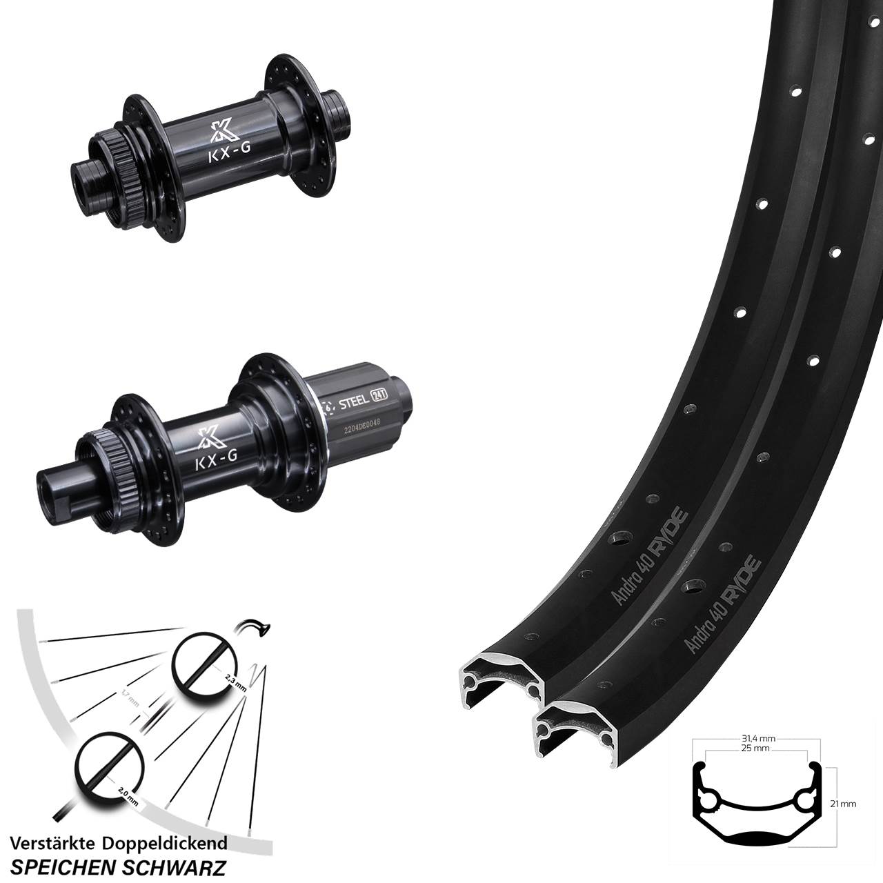 Laufradsatz 15x100 12x142 20 Zoll Ryde Andra 40 KX-GS Stahl Freilauf 8-12 fach HG