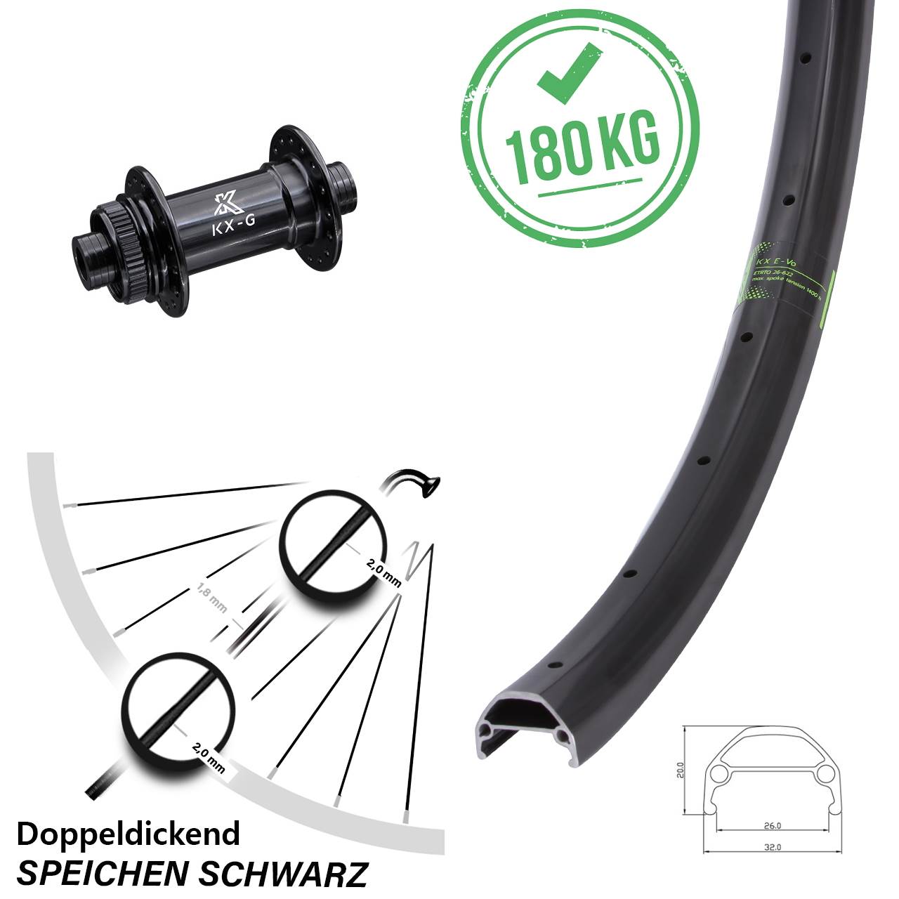Vorderrad 26 Zoll KX Evo verstärkt 12x100 Centerlock